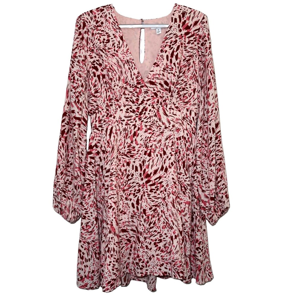 Bar III Dress Womens M Pink Abstract Print Fit Flare V Neck Long Sleeve Rayon